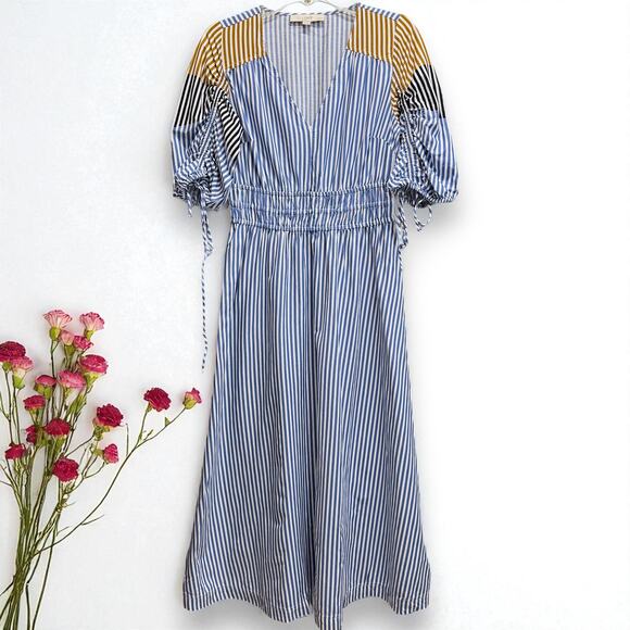 Loft MP Striped Tied Puff Sleeve Midi Dress Beach Nautical Spring Casual Party - Picture 2 of 13
